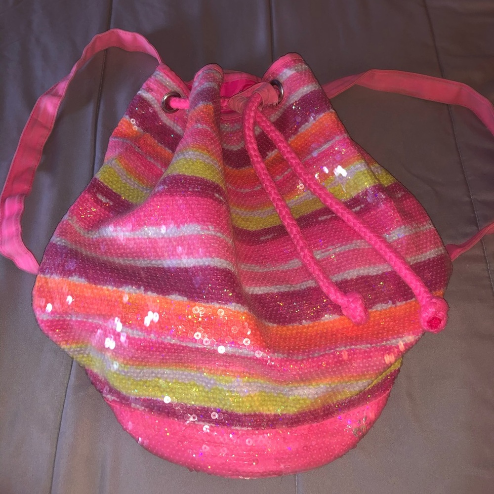 Pink stripe pattern drawstring bag clear sequins